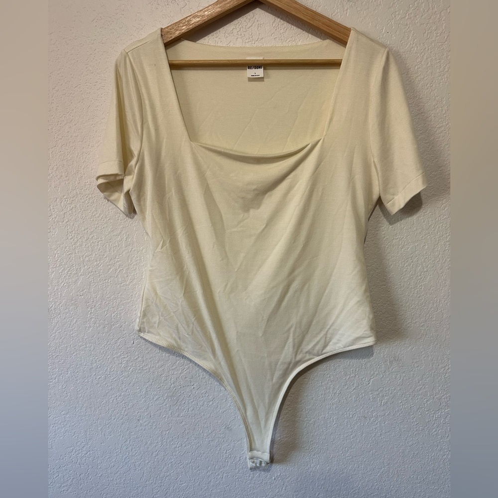 Re/done Square Neck Short Sleeve Ivory Bodysuit - Size L